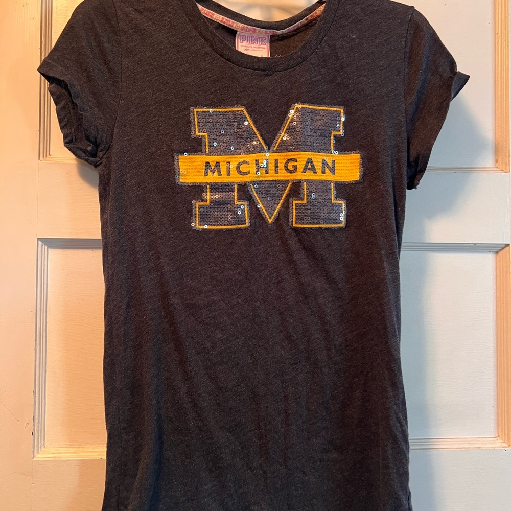 PINK Victoria's Secret Black Tee with Yellow and Blue Michigan Logo